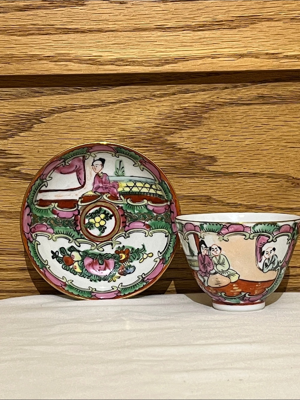 Hand-Painted Porcelain Teacup and Saucer in Pink and Green - Unmarked Brand